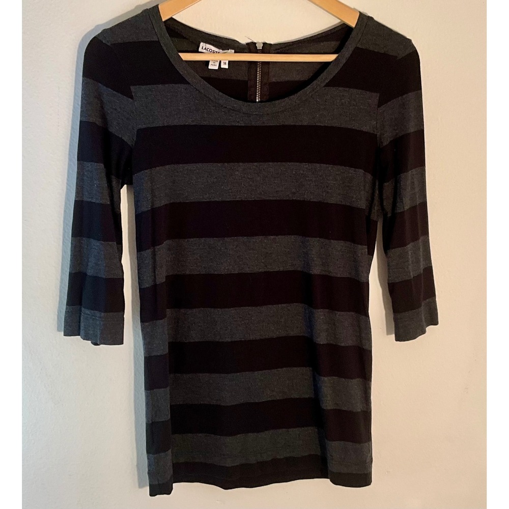 Lacoste Women's Gray & Black Striped 3/4‎ Sleeve Top with Back Zipper